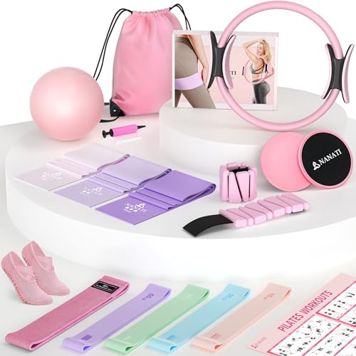 NANATI Pilates Kit 19PCS,Pilates Essentials Kit for Women,Pilates Equipment with 14.5 Pilates Ring and Ball,8 Resistance Bands,Ankle Weights,Sliders & Grip Socks Accessories for Starter Home Workouts