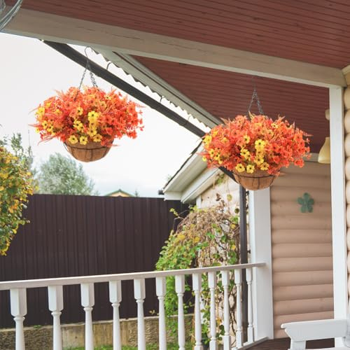 JOYWU Artificial Fall Flowers with Hanging Basket for Outdoor Decoration,2 Set 45cm Red Yellow Orange Eucalyptus Daisy Fern Fake Plants in Hanging Planter for Autumn Porch Garden Patio Yard Decor (B)