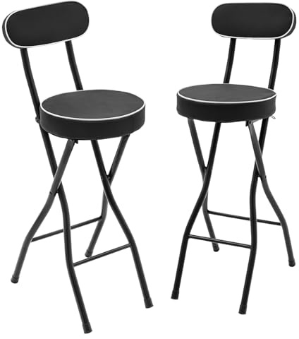 Brride Barhocker klappbar, 2er Set, Klappbarer Küchen Barhocker mit Rückenlehne, Runder Gepolsterter Frühstücksstuhl, 65cm Hochstuhl für Counter Tresen Zuhause Büro (Schwarz)