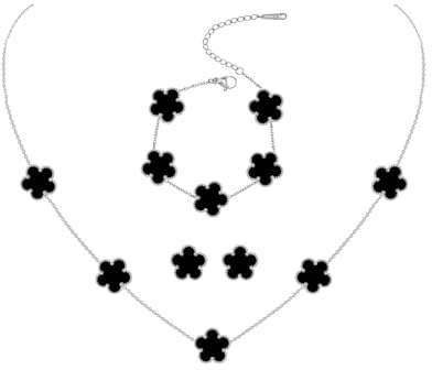 JYIXXZX Vierblättriges Kleeblatt Schmuck Set Silber Edelstahl Zweiseitig Vierblättriges Anhänger Halskette Ohrringe Armband Glücksklee Emaille Schmuck Set Geschenke für Damen und Mädchen