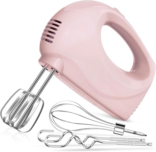 Leaflai Sbattitore elettrico a mano, 5 livelli, incluso 1 frusta, 2 fruste, 2 ganci in acciaio inox, lavabile in lavastoviglie (rosa)