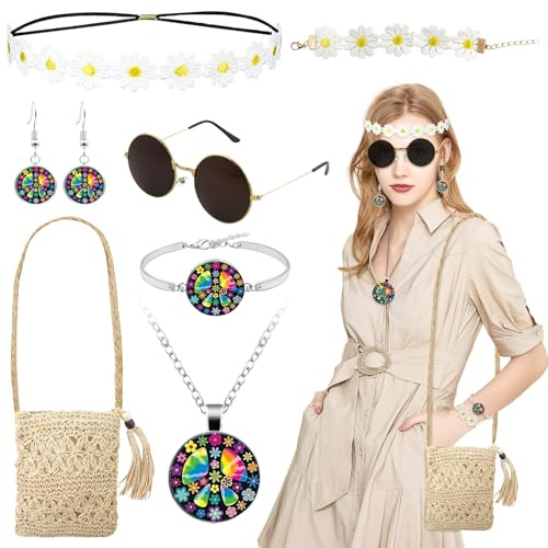 70er Jahre Hippie Accessoires Damen Set mit Peace Kette & Gänseblümchen Schmuck, Rund Sonnenbrille, Stroh Fransen Tasche, Haarband, Armband, Ohrringe für Festival, Karneval, 60er 70er Jahre Kostüm