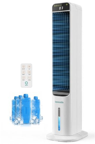 SereneLife Raffrescatore Evaporativo e Ventilatore a Torre con Telecomando, Serbatoio 5 L, 4 Cubetti di Ghiaccio, 3 Velocità, Oscillazione, per Casa e Ufficio, Portatile ed Efficiente