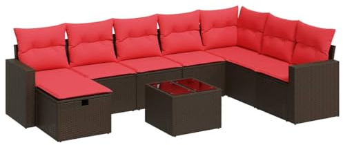KKgypkn Set di divani da giardino da 9 pezzi con cuscini marroni in polyrattan – gruppo di sedute in rattan PE con vano portaoggetti e borsa impermeabile, fodere rimovibili e poggiapiedi versatile