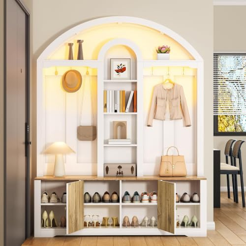 Fiednoy Garderobenschrank Weiß mit gebogenem Design, 150 x 40 x 195 cm | Doppeltür-Schuhschrank & Hakenleiste – Flurgarderobe mit offenem Regal