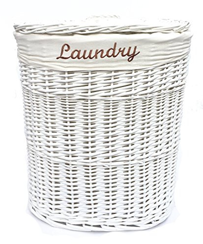 Round Wicker Washing Laundry Basket Lined Storage Basket With Lid White Medium 37 x 37 x 50 cm
