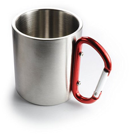 Ganzoo - Tazza termica in acciaio INOX, a doppia parete, isolata, 220 ml, colore: Argento con moschettone rosso