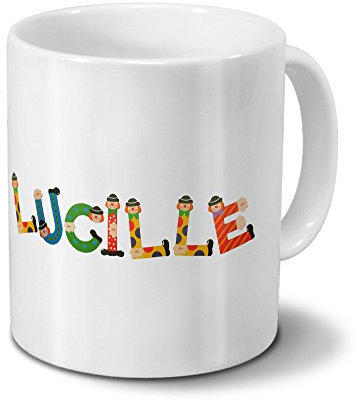printplanet Tasse mit Namen Lucille - Motiv Holzbuchstaben - Namenstasse, Kaffeebecher, Mug, Becher, Kaffeetasse - Farbe Weiß