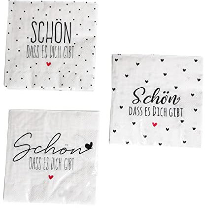 3 x 20 Servietten 'Schön dass es dich gibt' weiß, rot, schwarz - Sprüche Herzen 3-lagig 33 x 33 cm