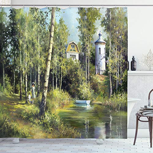 ABAKUHAUS Natur Duschvorhang, Haus im Wald, Stoffliches Gewebe Badezimmerdekorationsset mit Haken, 175 x 180 cm, Grün