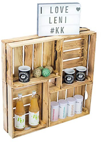 Kistenkolli Altes Land 4er Set Gemüsekiste Stapelkiste Stapelbox Holzkiste Weinkiste Obstkiste nachhaltig FSC Zertifiziert (4er Set 30x40x15, Geflammt)