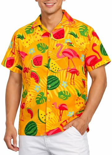 King Kameha Hawaii Hemd Männer - Funky Hawaiihemd Herren Kurzarm, Flamingo Melon, Gelb, XL