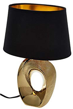 Edle Tischleuchte mit ovalem Stoffschirm Schwarz-Gold, Höhe 33cm