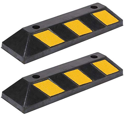 Bakaji Set 2 Fermaruota in Gomma Dura di Ebanite Ferma Ruota Ruote Pneumatici per Parcheggio Garage con Strisce Catarifrangenti Facili da Installare Dimensione 55 x 15 x 10 cm