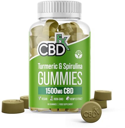 CBDfx 1500mg High Strength Turmeric Spirulina CBD Gummies 25mg Turmeric 10mg Spirulina 25mg CBD per Gummy 60x Bottle (30 Days)