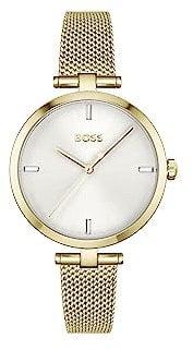 BOSS Analog Quarzuhr für Damen Kollektion Majesty mit Goldfarben Edelstahl-Mesh-Gliederarmband - 1502586