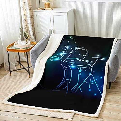 Loussiesd Rock Instrument Decke 150x200cm Schlagzeug Kuscheldecke für Jungen Jugendliche Mann Musik Thema Kreative Fluoreszierende Wohndecke Mode Schlafzimmer Dekor Blau Flanell Fleecedecke