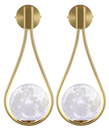 Moderne LED-Wandleuchten Persönlichkeit Kreative Wandlampen 3D Mond Lampenschirm Wandleuchten Schlafzimmer Nachttischlampen (2 x Gold-Mond-Lampenschirm)