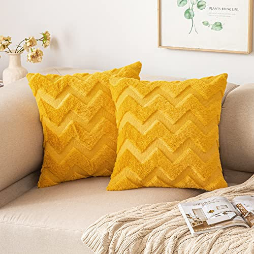 MIULEE 2er Set Wolle Kissenbezüge Dekokissen Polyester Sofakissen Weich Couchkissen Kissenbezug Zierkissenbezug mit Verstecktem Reißverschluss für Wohnzimmer Schlafzimmer 45x45 cm Senfgelb