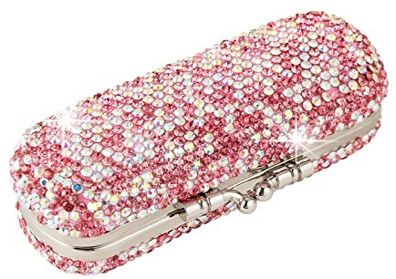 AsAlways Shiny Rhinestone Crystal Portable Lipstick Case with Mirror Portable Bling Diamonds Makeup Cosmetic Storage Holder for Travel Ladies Fashion(Pink)