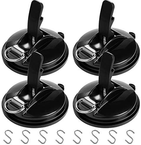 eROOSY 4 Stück Multifunktionaler Auto Saugnapf mit 8 S-Haken, Saughaken für Camping, Saugnapf für Auto, Saugnapf haken für Camping Autohalterung Zelte Gepäckplanen Auto-Seitenmarkise (Schwarz)