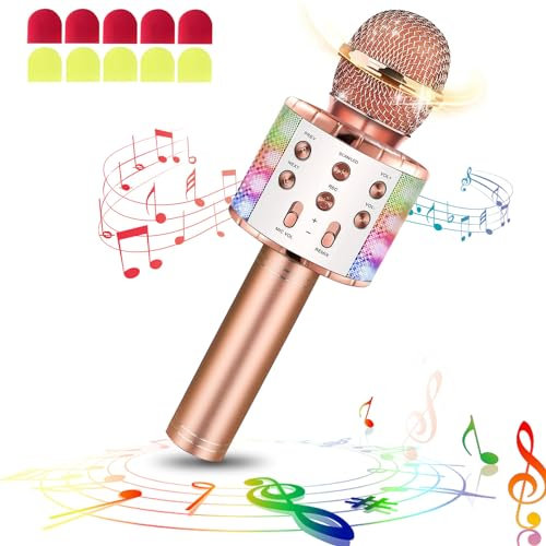 Drahtloses Bluetooth Mikrofon Karaoke Mit LED-Leuchten Tragbare Handheld Singen Karaoke Lautsprecher Maschine Spielzeuggeschenke für Kinder Erwachsene (Champagner, mit 10 Einweg Mikrofonabdeckungen)