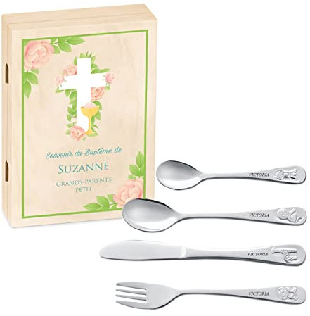 Maverton Set de couverts de table personnalisé dans boîte en bois imprimée - couvert bebe - Thème Animal - Cadeau bapteme fille - Pour filles - Cadeau bébé - Coutellerie gravée - fleurs