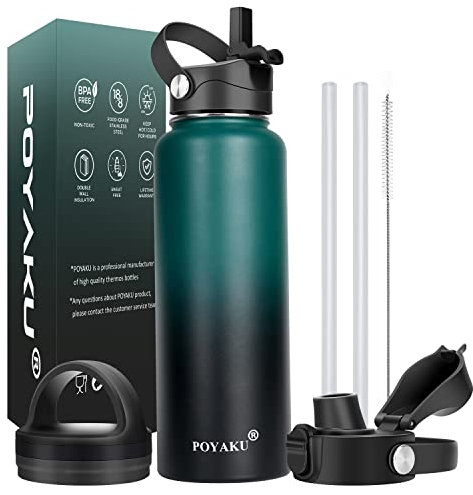 Water Bottle Insulated 32oz 40oz 64oz 128oz Straw Lid Spout Lid & 3 Lids, Leak Proof, Vacuum Insulated,Stainless Steel Water Bottle Wide Mouth for Sports, Gym or Office (Indigo Crush, 40 oz)