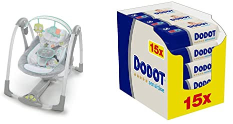 Ingenuity, columpio portátil Swing 'n Go: abrazos y gritos, 5 velocidades de swing, 6 melodías relajantes gris & Dodot Toallitas Sensitive para Bebé, 810 Toallitas, 15 Paquete (15x54)
