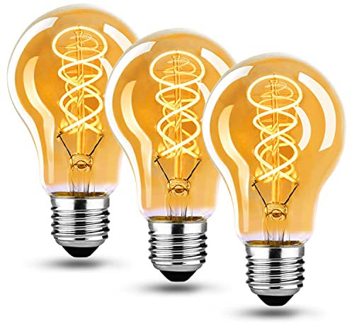 BNITITU E27 LED Vintage Glühbirne, Dimmbar Vintage Glühbirne E27 4W A60 E27 LED Warmweiss 2700K, Glühbirne E27 Vintage Edison LED E27 Ideal für Nostalgie und Retro Beleuchtung - Bernstein - 3 Stück