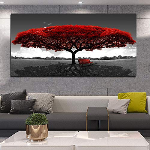 Quadro su Tela Poster Stampa Moderna Albero Rosso Panchina Dipinti di Paesaggi per Soggiorno Immagini Decorative in Bianco e Nero 90x180 cm Senza Cornice