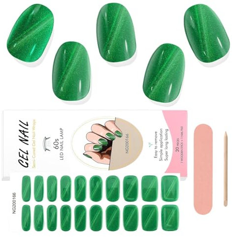 EBANKU 20PCS Gel Nail Stickers, Cat Eye Green Gel Nail Strips Long Lasting Gel Strips for Nails UV Gel Nail Stickers with Nail File & Wooden Stick for Women Manicure