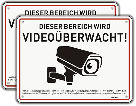 2 Stück Videoüberwachung Schild Privatgrundstück mit DSGVO Hinweis 15x20cm Aluminium Schilder Kameraüberwachung mit Selbstklebend und 4 Bohrlöcher Kamera Überwachung Schild Warnschild