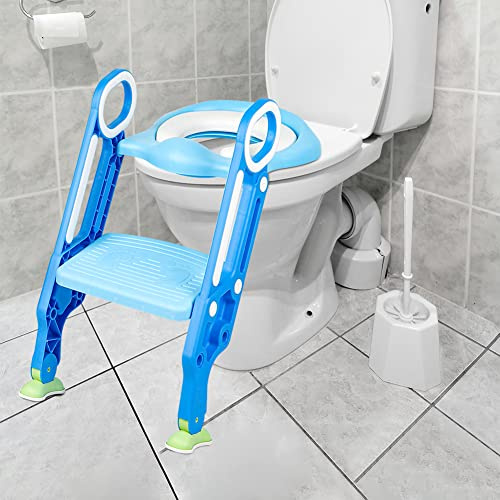 Siège de Toilette pour Enfants, Toilette Pot WC Bebe Enfant, Toillet Escalier Pliable, Réducteurs Wc Enfant avec Marche, Escalier de Toilettes pour Enfants Réglable en Hauteur (Bleu clair-Bleu)
