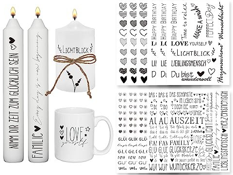 Sugeru® 12 PCS Kerzentattoo (400+ Muster),Wassertransferdruck | Wasserschiebefolie | Kerzenfolie | kerzenaufkleber sticker | Kerzen dekorieren | Sprüche,Lieblingsmensch,Happy Birthday,Geburtstag