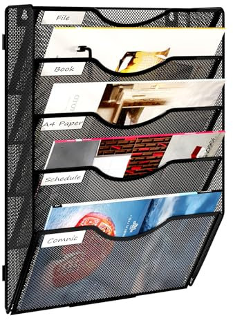 Solinxe 5-Pocket Desk Tidy Organiser, A4 Wall Mounted Document Paper Holder, Vertical Metal Magazine Rack, Wall Hanging Storage Organiser in Tray for Office Accessories Stationery Supplies, Black