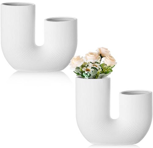 Hushee 2 Stück Keramikvase weiße Vasen für Dekor U-förmige Vasen für Blumen dekorative nordische moderne Vase für Wohnzimmer Tisch Mittelstück Home Party Hochzeit Dekoration