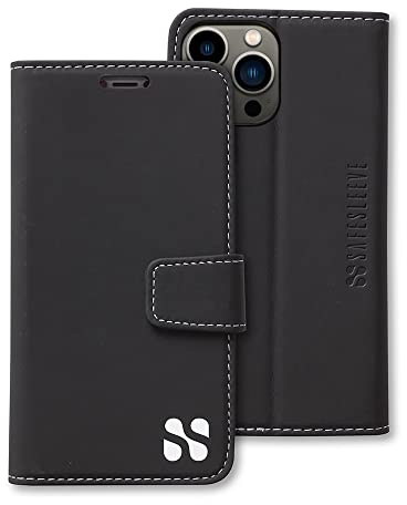 SafeSleeve EMF Protection Anti Radiation iPhone 15 Pro MAX Case, RFID EMF Blocking, Card Holder Wallet, Vegan Leather, Adjustable Stand Cell Phone Case, for Women & Men (Black)
