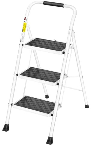 HBTower 3 Step Ladder,3 Step Stool for Adults Folding Step Stool with Cushioned Handle with Wide Anti-Slip Pedal Ergonomic Design
