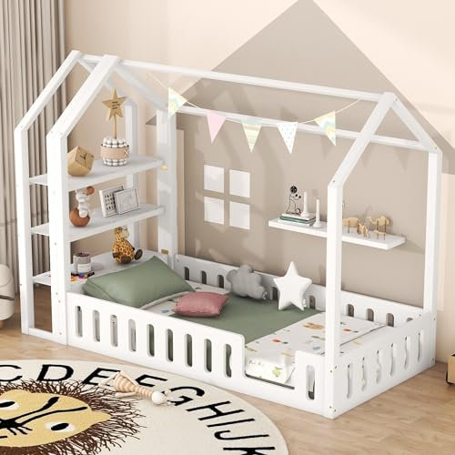 90 x 200cm Kinderbetten,Flachbetten,Hausbetten mit Geländer, Kinderbetten mit 3 Regalen,White