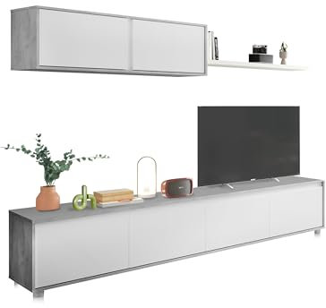 duehome | Conjunto Reversible de Salon, Mueble de TV, Modulos de Comedor, Modelo Arlet, Acabado en Blanco Artik y Cemento, Medidas: 200 cm (Largo) x 41 cm (Fondo) 43 cm (Alto)