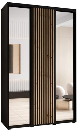ABIKSMEBLE Lanko 2 Armoire à Trois Portes Coulissantes avec Miroir, Barre, Étagères - Moderne Armoire de Rangement pour Chambre, Salon - 235,2x160x45 cm - Noir Noir Artisan