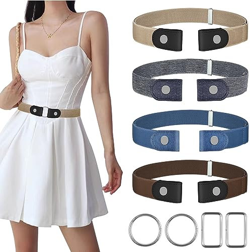 【4 Stück】Gürtel Ohne Schnalle, Langlebig Elastischer Gürtel, Justierbar Schnallenfreier Gürtel, Stretch Gürtel für Jeans Hosen Kleid, Einstellbarer Unsichtbarer Gürtel für Damen (4 Stück Set B, L-2XL)