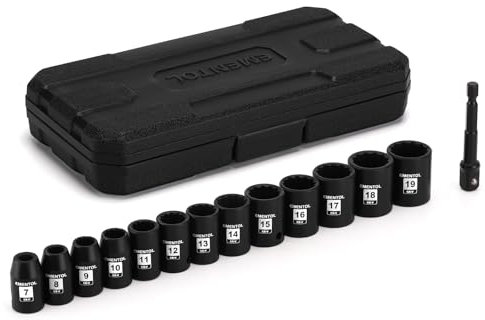 EMENTOL 14PCS 3/8Dr. Standard Impact Socket Set, Metric, 12-Point, CR-V, 14 Pieces 3/8-Inch Drive Shallow Socket Set, 7mm - 19mm