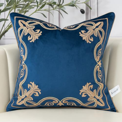 Aeckself, Federa per cuscino con motivo floreale europeo, 45 x 45 cm, in velluto ricamato, decorativo, per divano, camera da letto, soggiorno, blu navy e oro, Yw-OBYG-Blue4545