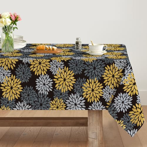 Artoid Mode Blumen Schwarz Gold Dahlien Herbst Tischdecke 140x220 cm, Saisonnal Fall Fleckschutz Tischwäsche Küche Dekoration Urlaub Party Dekor