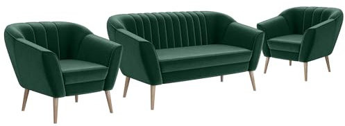 MEBLINI Mini Sofa Set 2-1-1 für Wohnzimmer - Mini Lounge für Vier Personen - Küchensofa - Sofa Klein - Sitzgarnitur - Polstergarnitur - Sofagarnituren - KAIA - 2+1+1 - Grün Samt