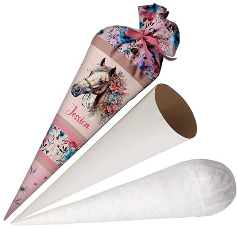 Ferocity Schultüte Pferd mit Blumen aus Stoff, Personalisierte Tüte, 70 cm Zuckertüte mit Namen, runde Papprohling und Füllung aus Silikonkügelchen, große Tüte als Kissen [149]