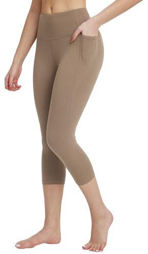 baleaf Damen 3/4 Yogahose mit Handytaschen Laufhose Sporthose Sport Leggings Braun M