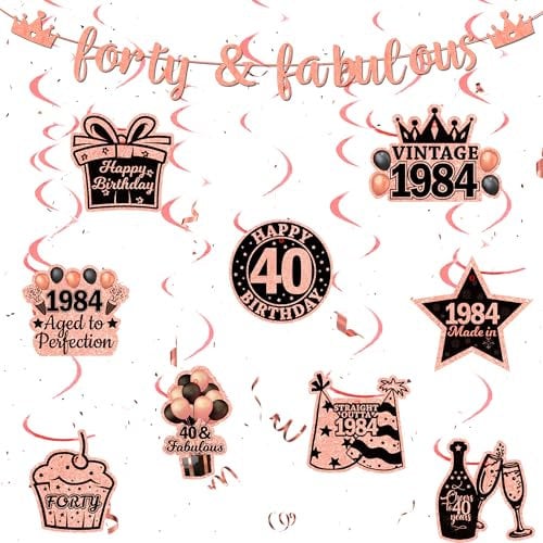 40th Birthday Party Decorations for Women - Rose Gold 40th Birthday Banners Set With Forty & Fabulous Banners Hanging Swirls Decorations for 40 Years Old Party Supplies